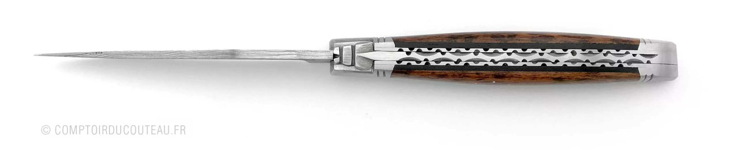 couteau laguiole bois amourette lame damas artisanale ressort et abeille forgés vue dessus