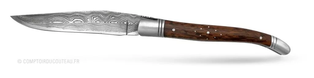couteau laguiole bois amourette lame damas artisanale ressort et abeille forgés vue profil