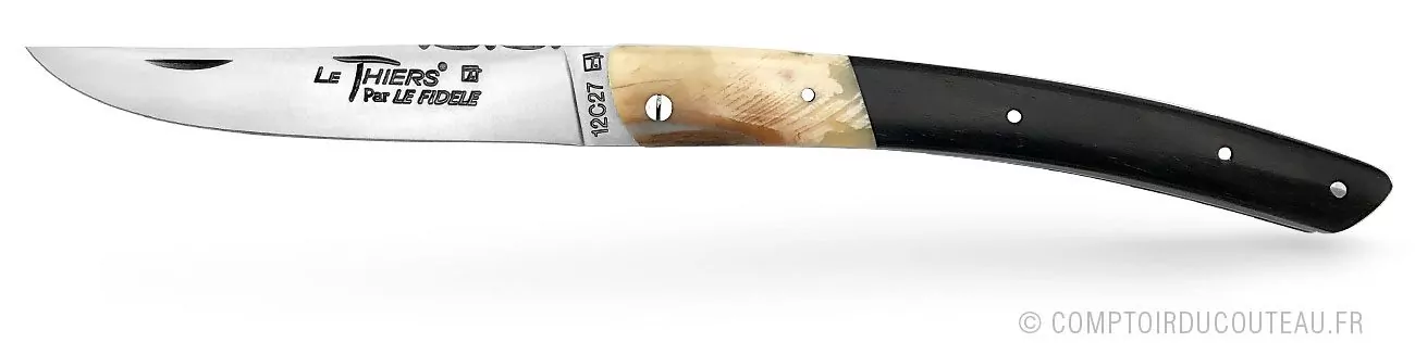 couteau le thiers manche en ébène et phacochère, lame et ressort guilloches