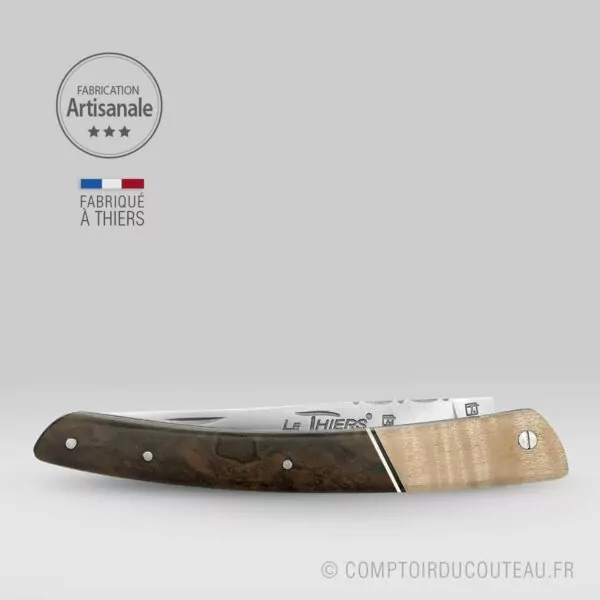 couteau le thiers prestige manche en érable ondé et noyer, lame et ressort guilloches fermé
