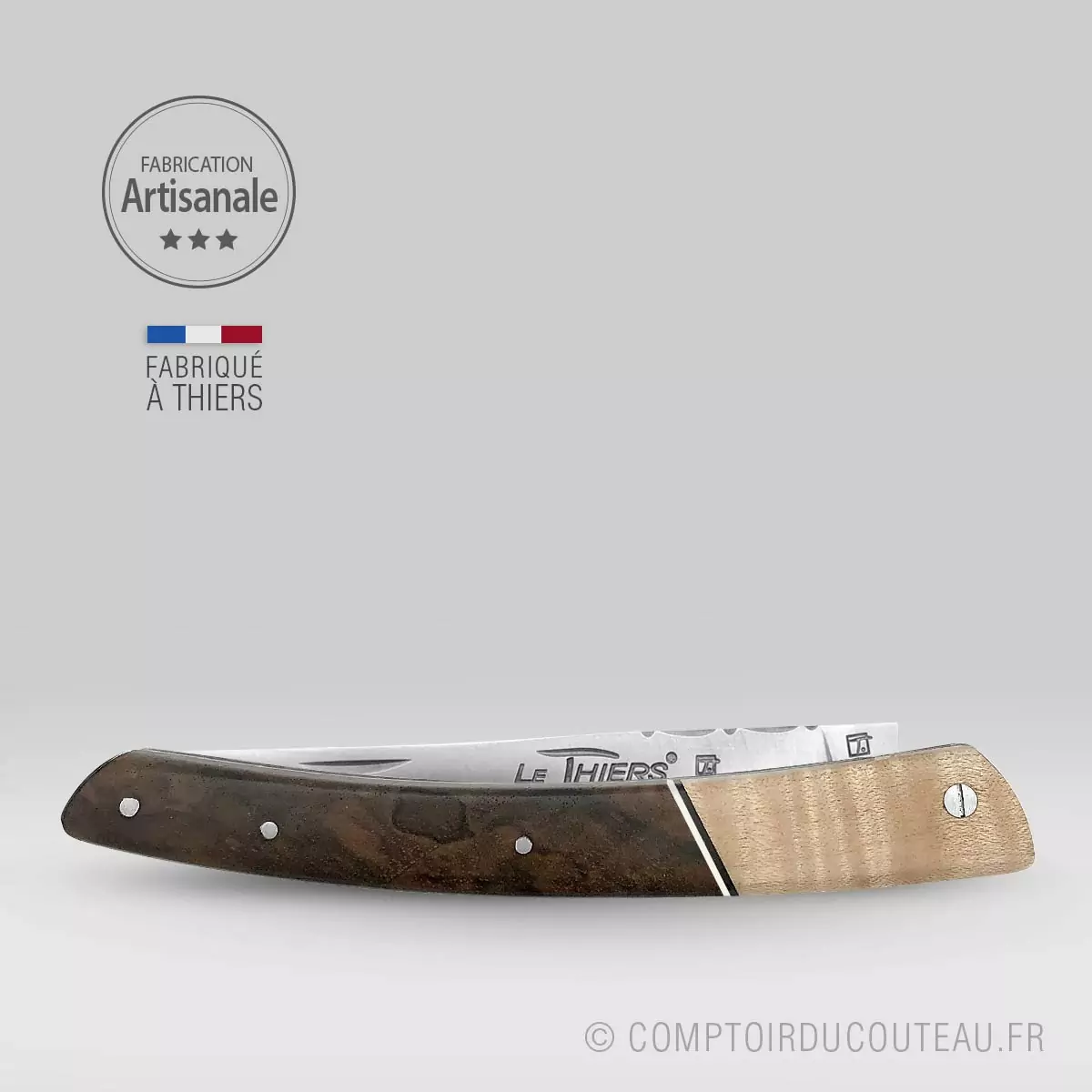 couteau le thiers prestige manche en érable ondé et noyer, lame et ressort guilloches fermé