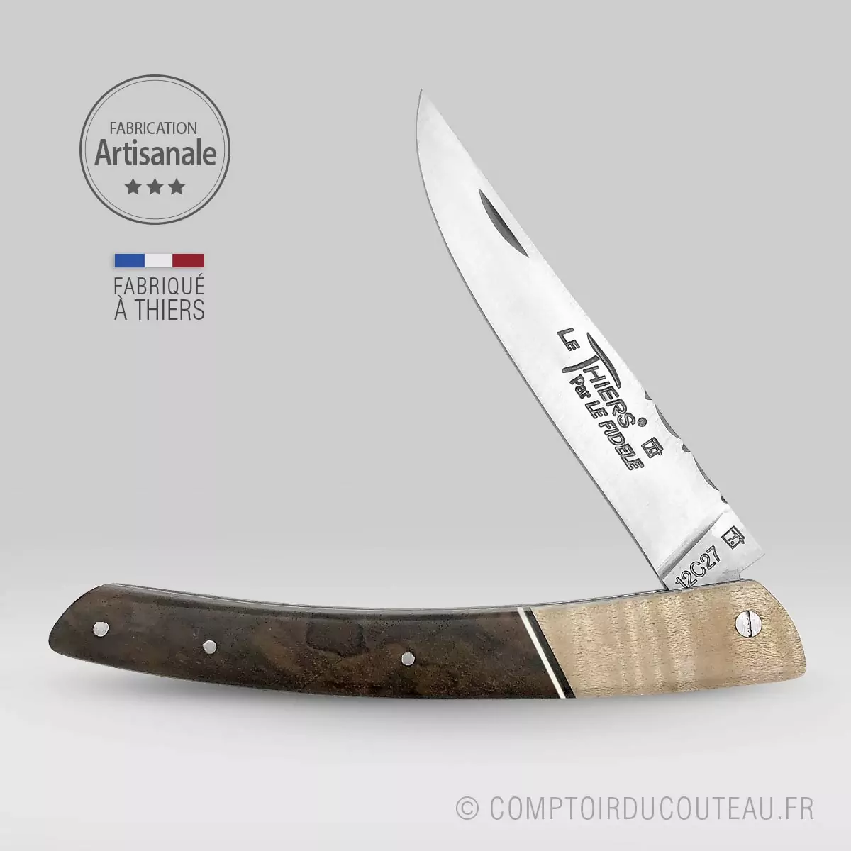 couteau le thiers prestige manche en érable ondé et noyer, lame et ressort guilloches