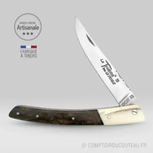 couteau le thiers bi-matières manche en noyer et dent phacochère, lame et ressort guilloches