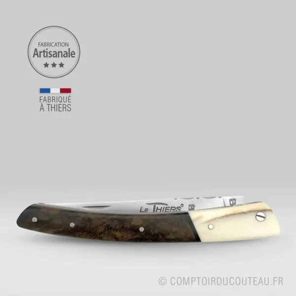 couteau le thiers bi-matières manche en noyer et dent phacochère, lame et ressort guilloches