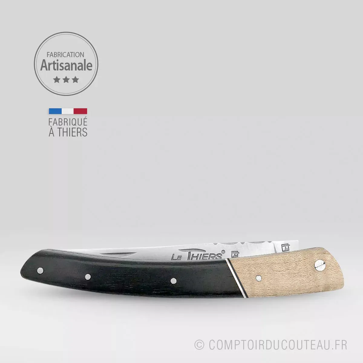 couteau le thiers manche en érable ondé et ébène, lame et ressort guilloches (fermé)