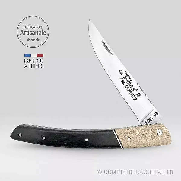couteau le thiers manche en érable ondé et ébène, lame et ressort guilloches