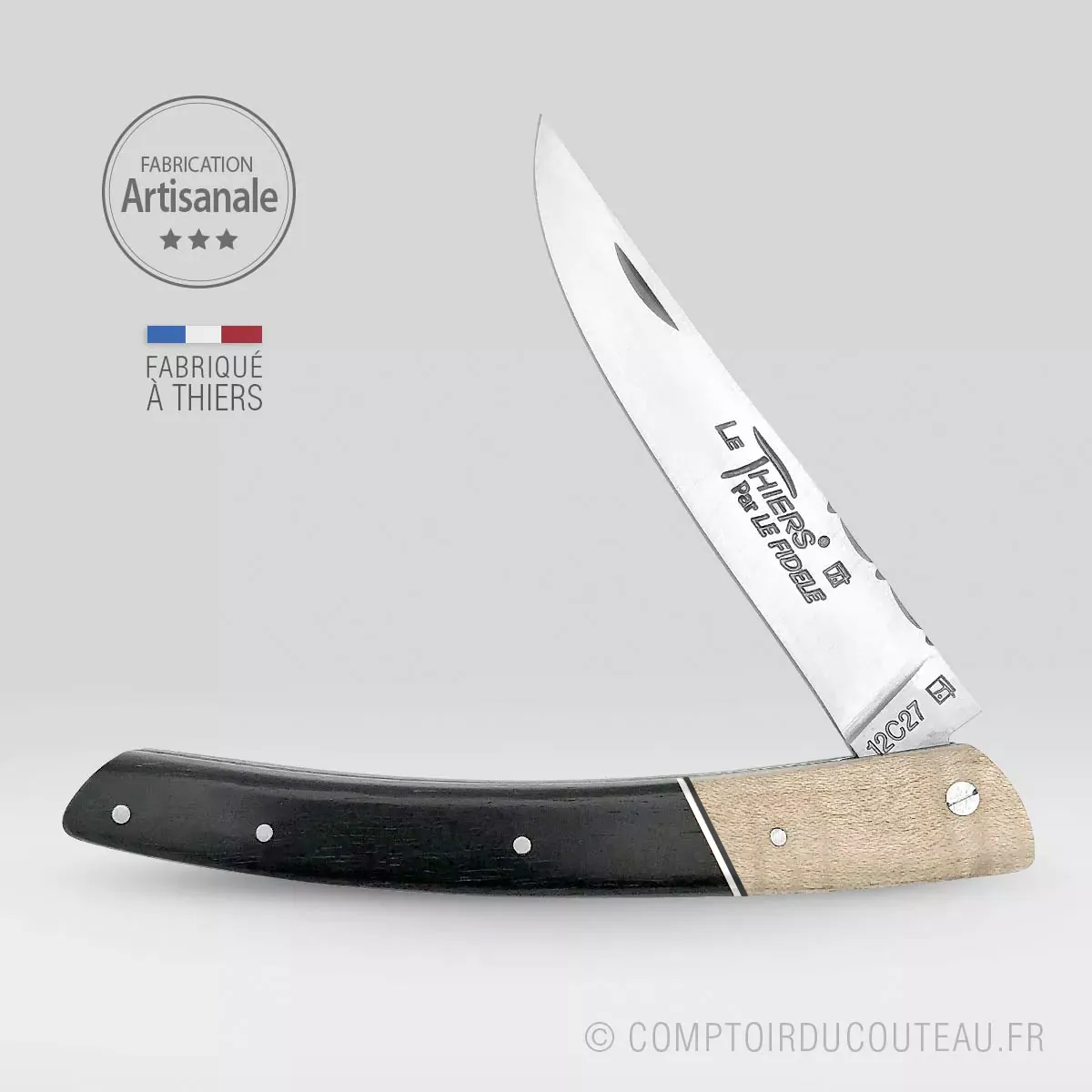 couteau le thiers manche en érable ondé et ébène, lame et ressort guilloches