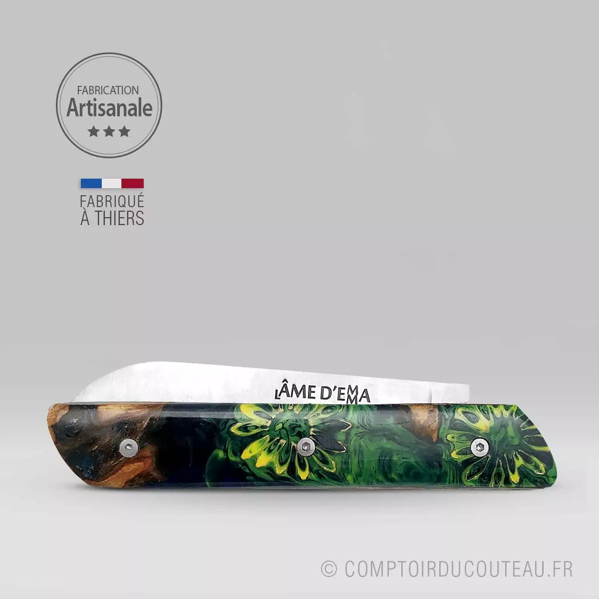 couteau pliant femme pièce unique l'âme d'Emma résine verte