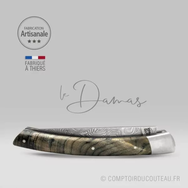 Couteau le Thiers Damas ressort guilloché bois de peuplier flammé stabilisé