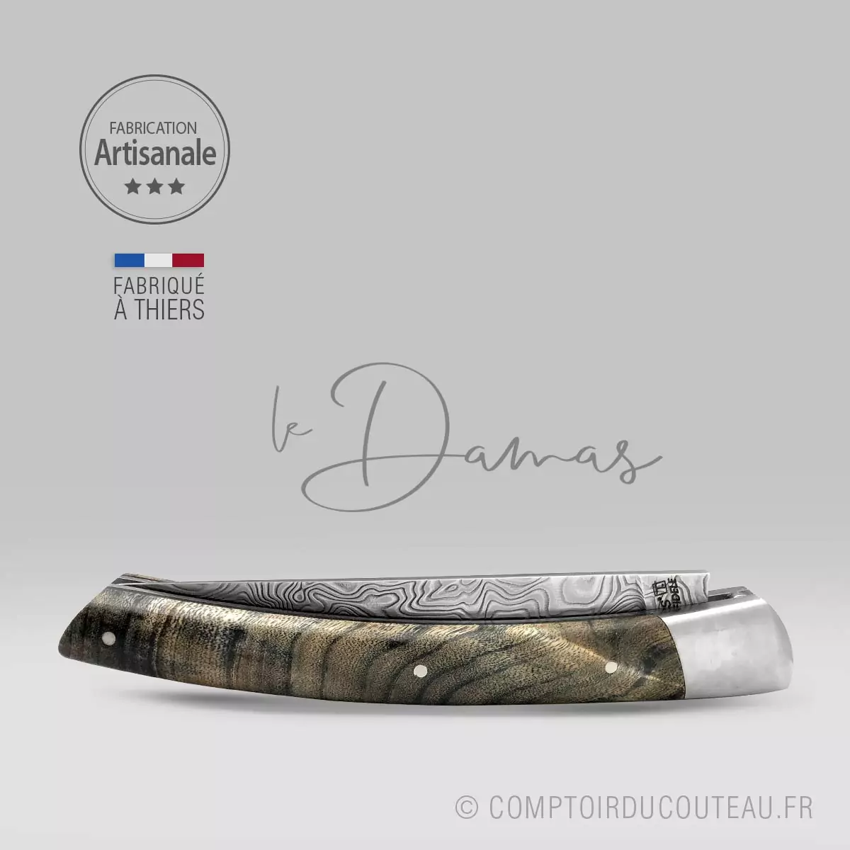 Couteau le Thiers Damas ressort guilloché bois de peuplier flammé stabilisé
