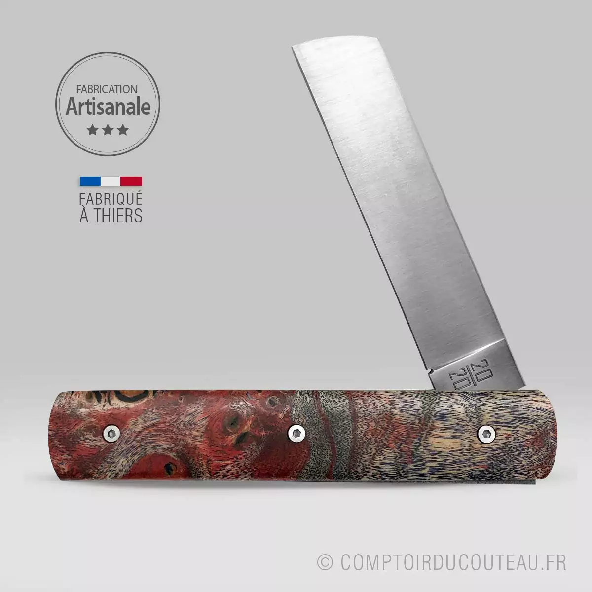 couteau le 20/20 manche loupe peuplier stabilisé rouge e fidèle