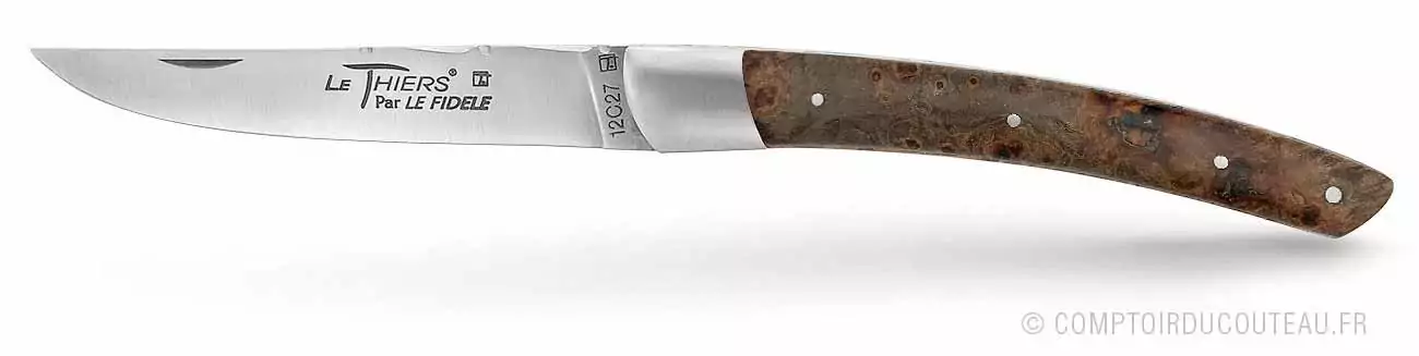 couteau le thiers manche en bois érable stabilise ressort et lame guilloches main