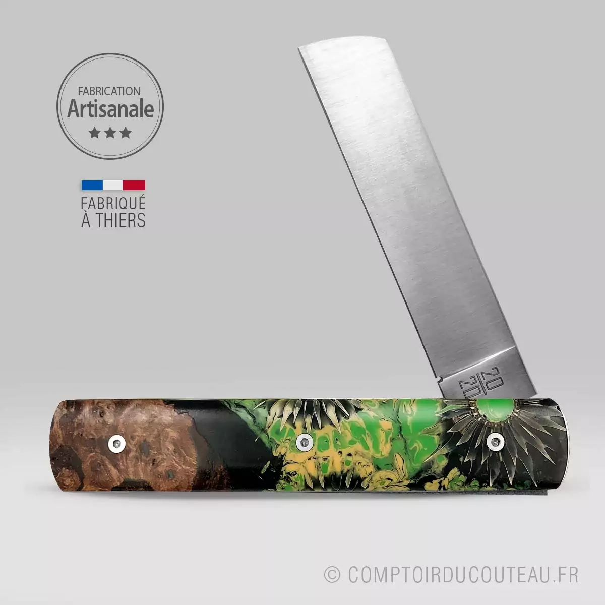 couteau pliant 20/20 bois stabilise et chardon jaune et vert
