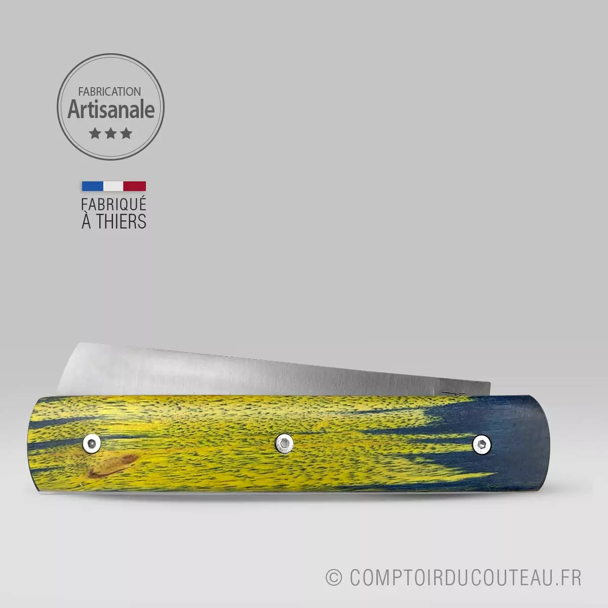 couteau pliant artisanal 20/20 bois stabilise jaune et bleu