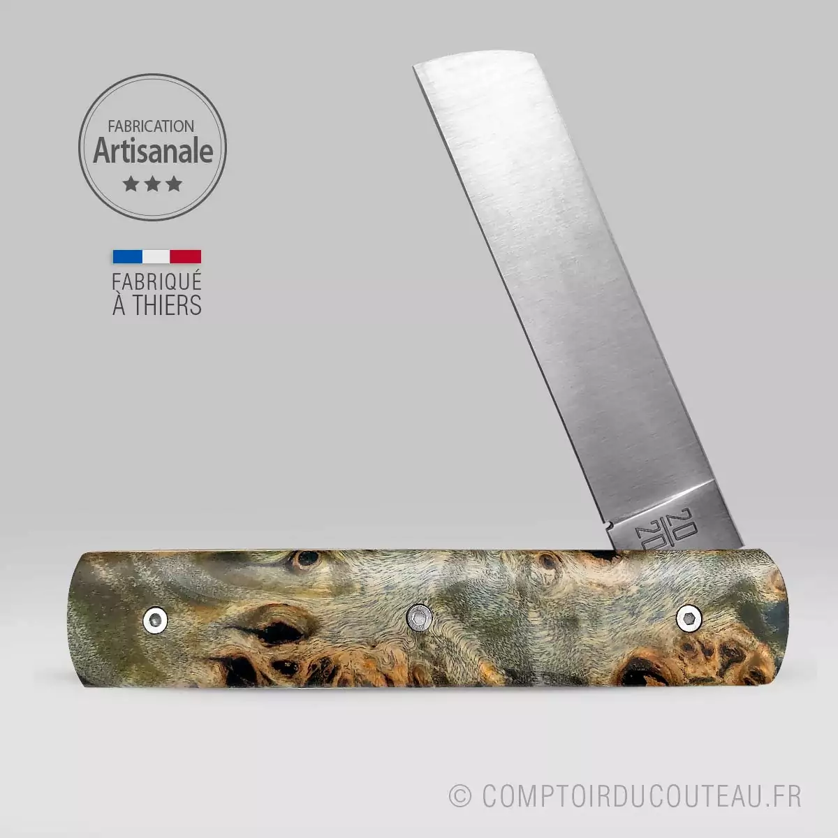 couteau le 20/20 manche loupe peuplier flammé stabilisé le fidèle