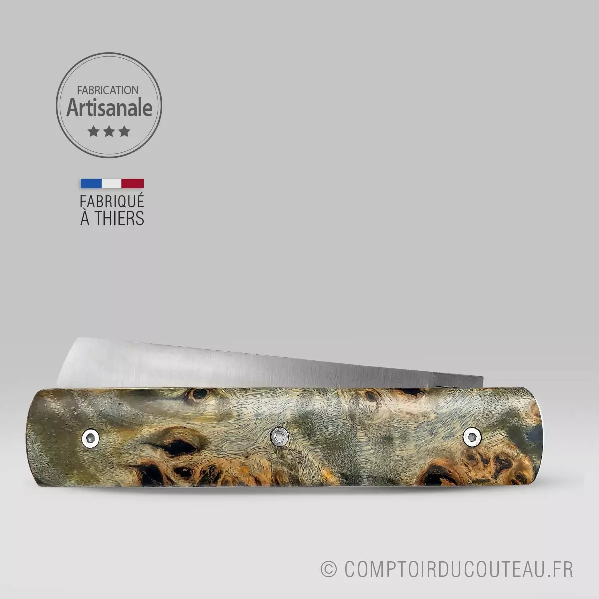 couteau fermant le 20/20 manche loupe peuplier flammé stabilisé le fidèle