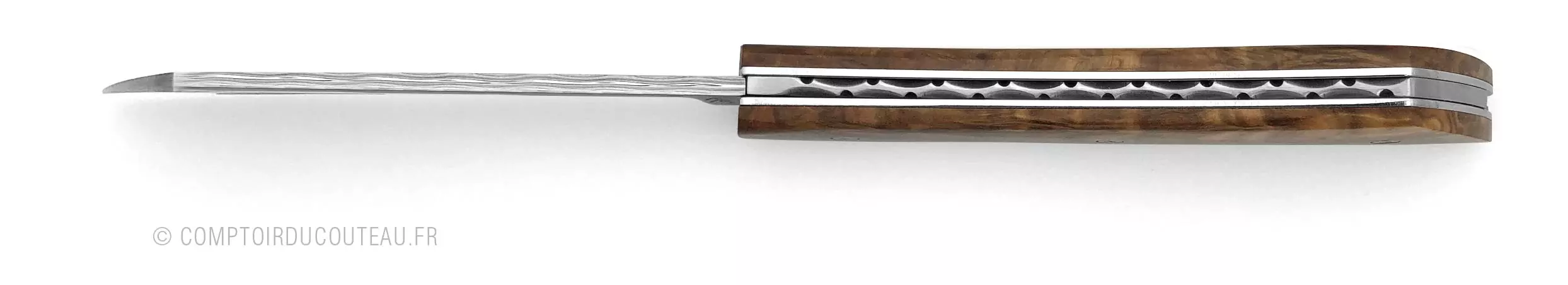 couteau arca andrea manche éclats d'ivoire de mammouth figés dans la résine grise metallisée - vue dessus