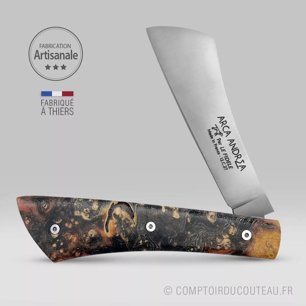 couteau Arca Andrea Piece unique loupe de peuplier tribute à Jackson Pollock ouvert
