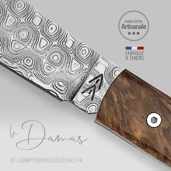 couteau arca andrea damas manche loupe de chechene guilloché detail