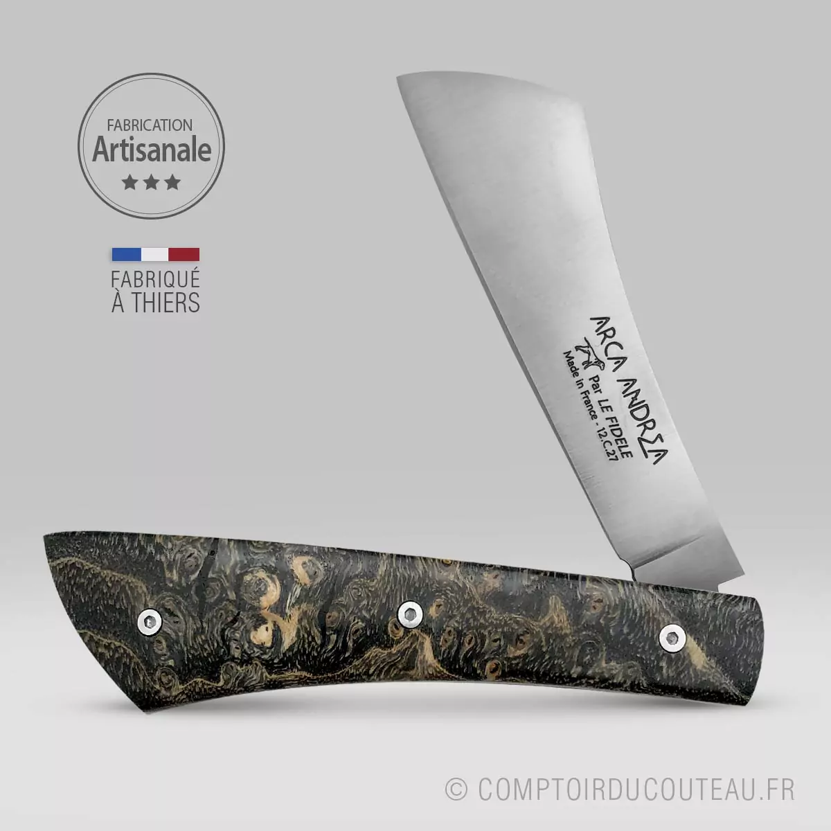 coutea de poche arca andrea loupe de frene guilloché main ouvert