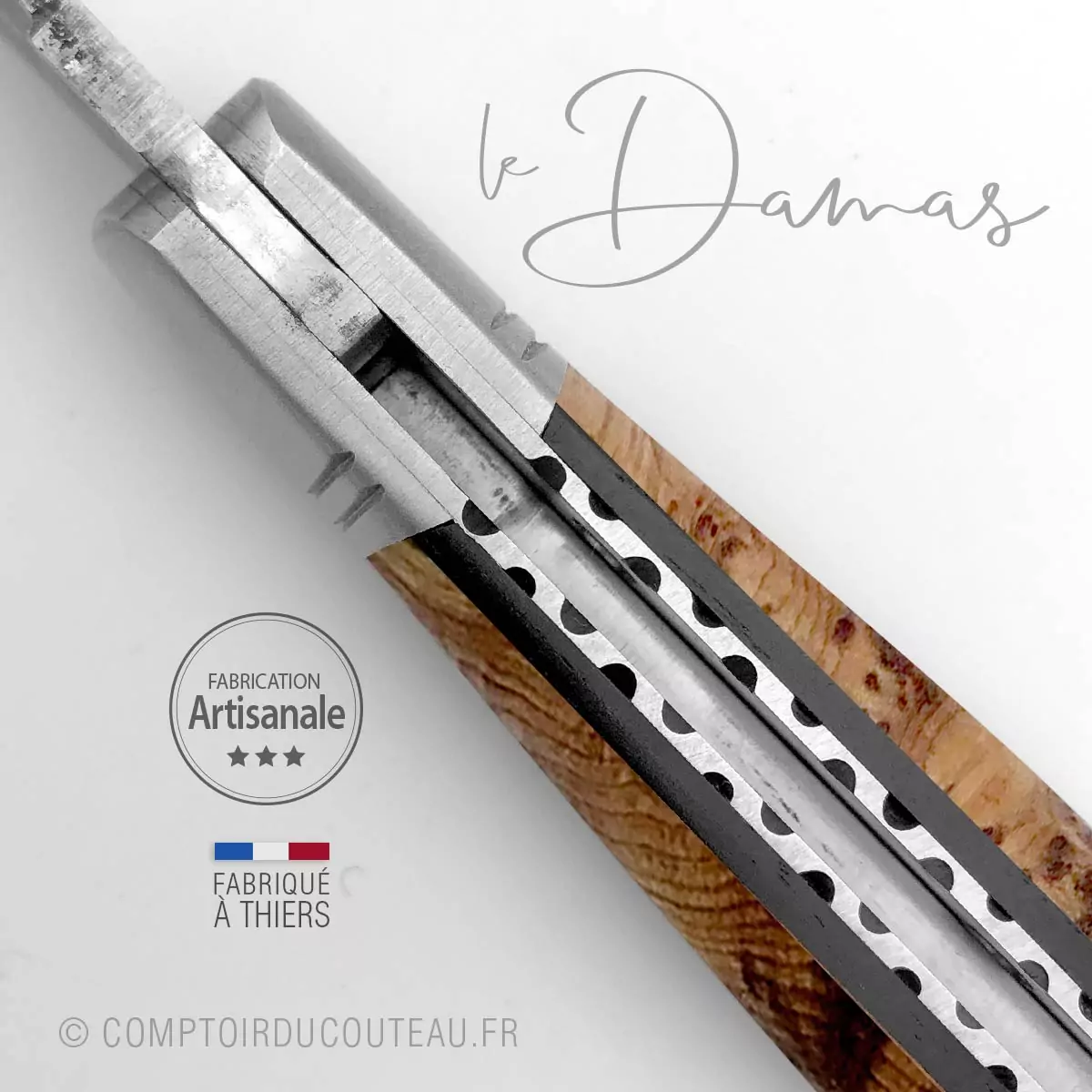 couteau laguiole bois loupe genevrier lame damas vinland ressort et abeille forgés à la main détail platine