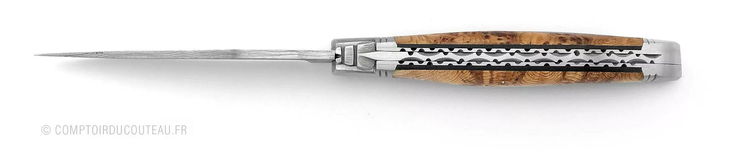 couteau laguiole bois loupe genevrier lame damas vinland ressort et abeille forgés à la main vue dessus
