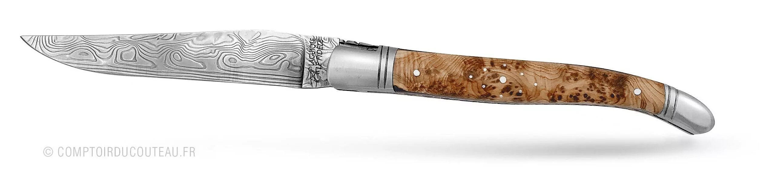couteau laguiole bois loupe genevrier lame damas vinland ressort et abeille forgés à la main vue profil