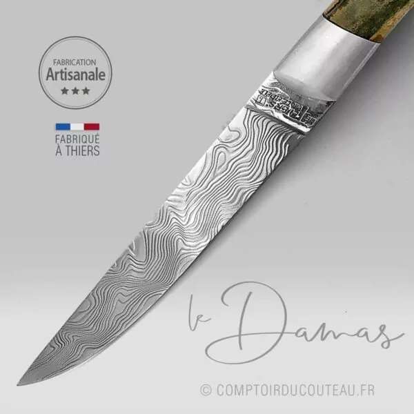 couteau le Thiers lame damas manche croûte de mammouth ressort guilloche détail lame damas inox