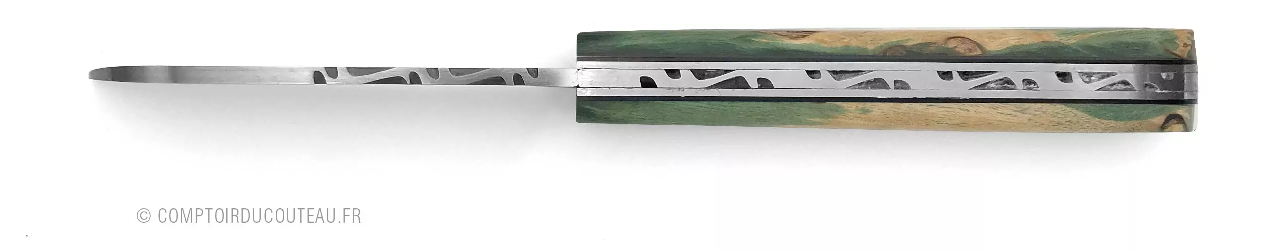 couteau Le London manche en frêne vert guilloché lame et ressort vue de dessus
