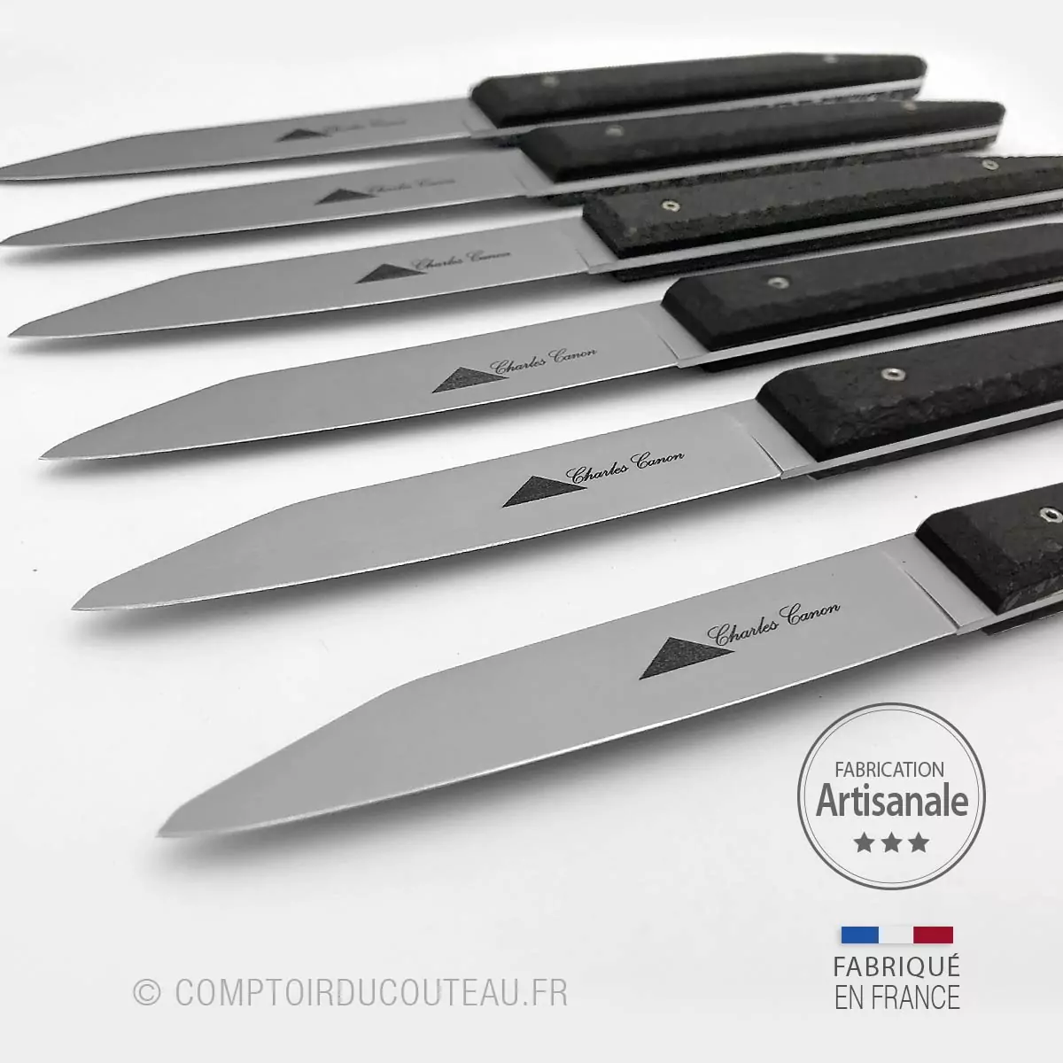 6 couteaux table Terril manches charbon brut coffret bois massif - Charles Canon