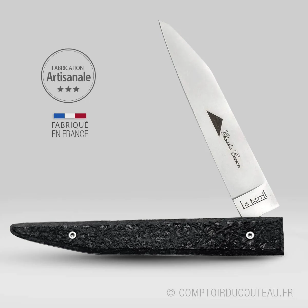 couteau le terril manche en charbon brut charles canon ouvert côté