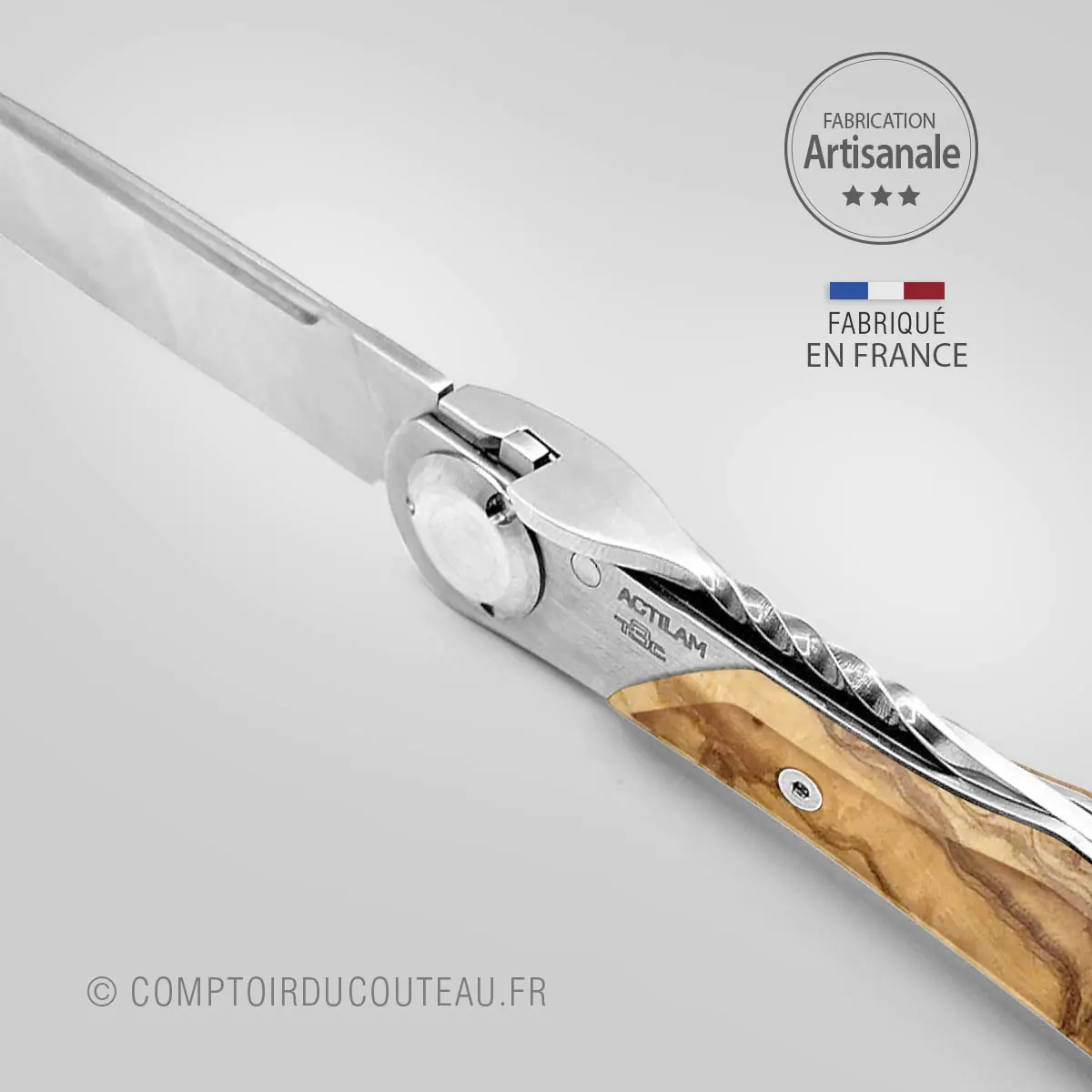 couteau actilam t3 ouvert manche olivier detail ressort