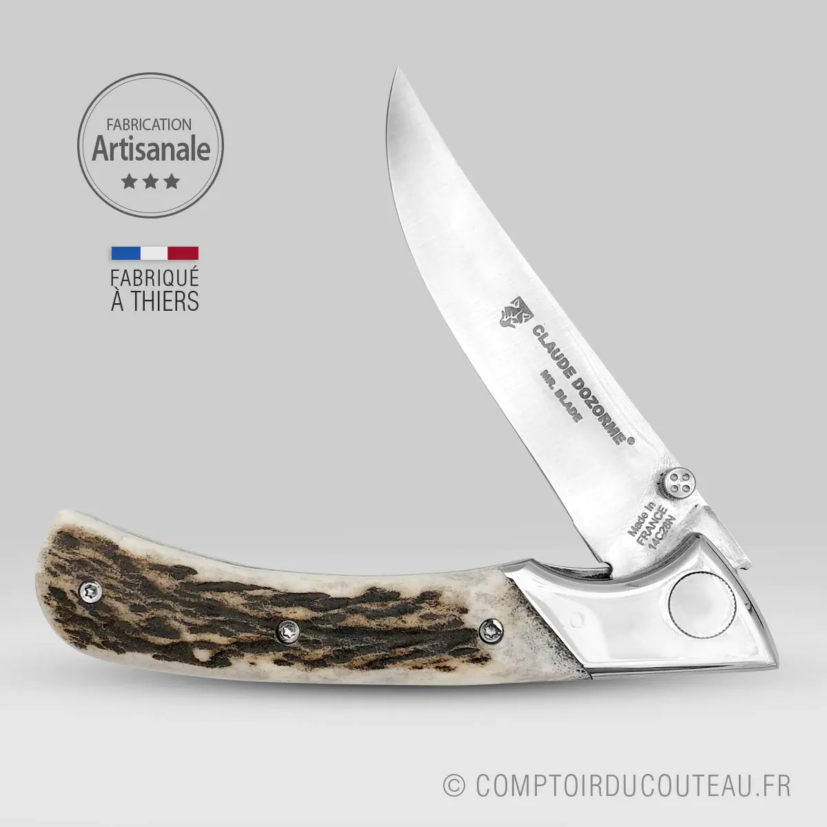 le couteau de chasse manche en bois de cerf par claude dozorme ouvert