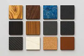 Palette de matériaux pour manches : bois européens et exotiques, composites, os, organiques.