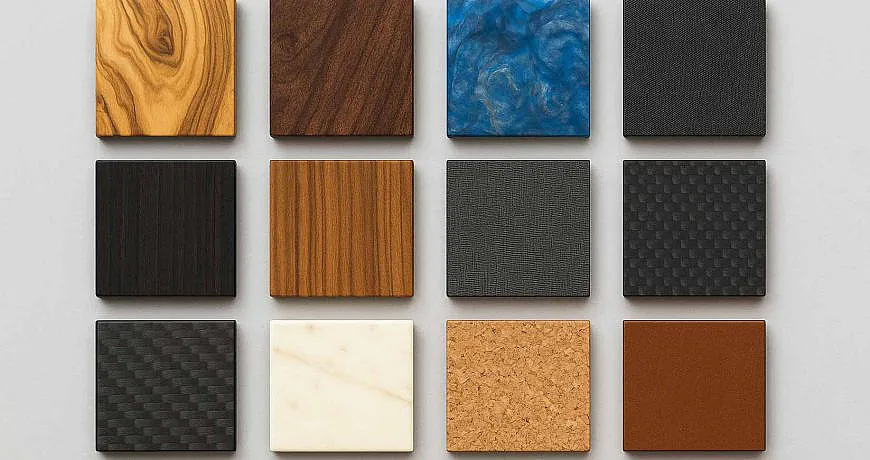 Palette de matériaux pour manches : bois européens et exotiques, composites, os, organiques.