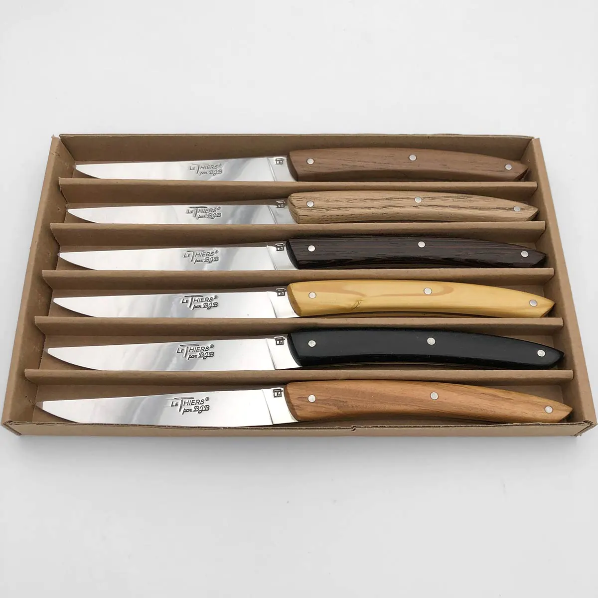 coffret 6 couteaux artisanaux le thiers bois assortis coffret 6 couteaux table Thiers bois assortis, fabrication artisanale (olivier, wengé, buis, ébène, chêne, bois de violette)
