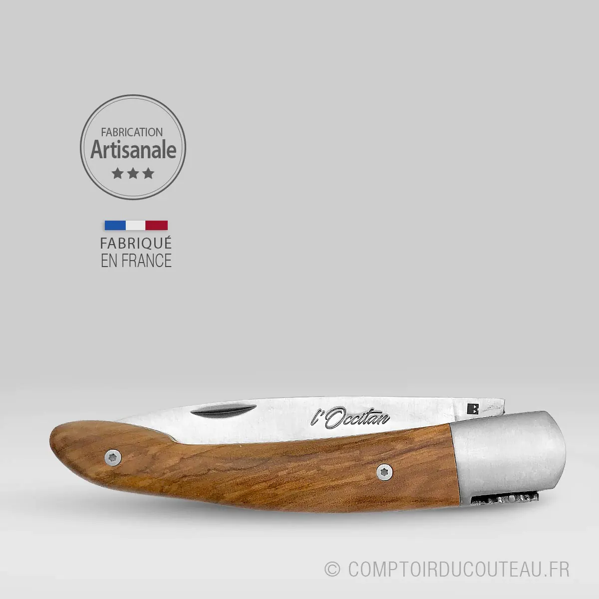 Couteau Occitan – Manche Olivier, 1 mitre Ressort Croix Occitane Forgée – Image 3