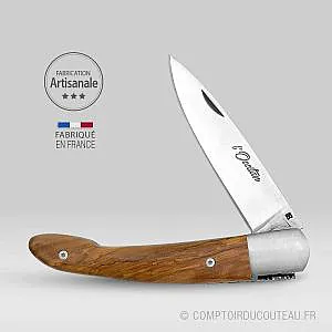 couteau occitan manche olivier ressort guilloché croix occitane forgée - ouvert