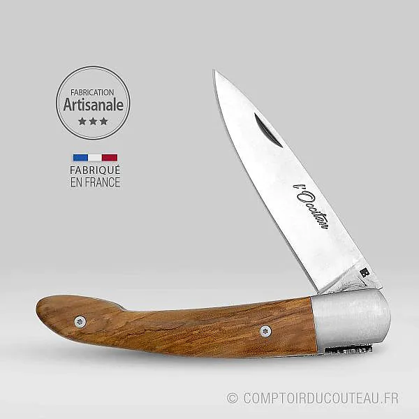 couteau occitan manche olivier ressort guilloché croix occitane forgée - ouvert