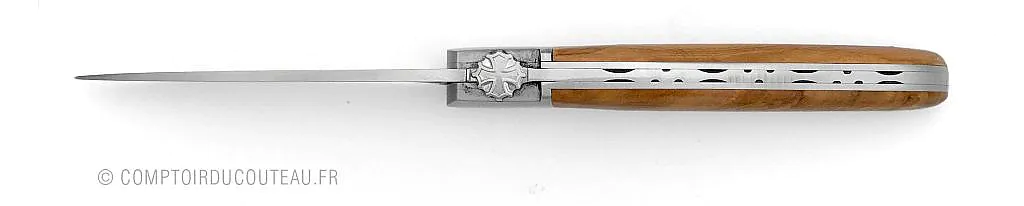 couteau occitan manche olivier ressort guilloché croix occitane forgée vue de dessus
