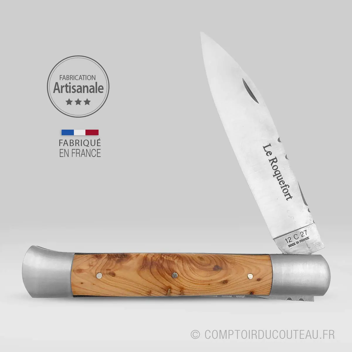 couteau le roquefort de poche ouvert en bois de genevrier