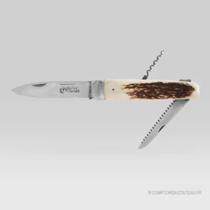 Couteau Hallali Chasse Douris Chastel en bois de cerf, lame, scie et tire-bouchon déployés