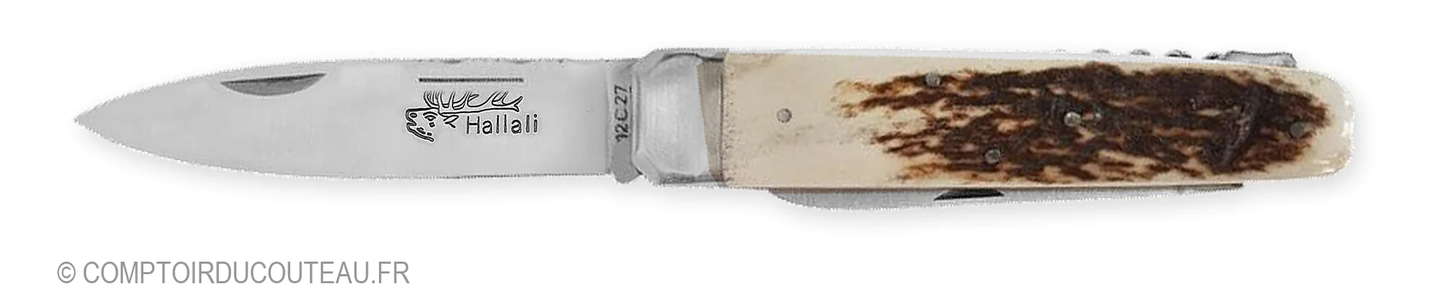 Couteau Hallali Chasse 3 pièces Douris Chastel en bois de cerf, lame entièrement ouverte de profil