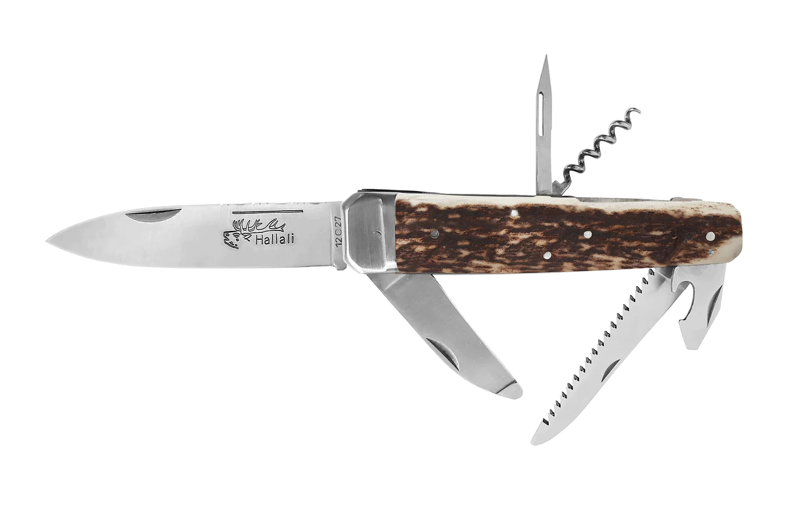 Couteau Hallali Chasse 6 pièces Douris Chastel en bois de cerf, lame entièrement ouverte et six outils déployés