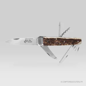 Couteau Hallali Chasse Douris Chastel 6 pièces en bois de cerf, lame, scie, tire-bouchon, poinçon, décapsuleur et déboyauteur déployés