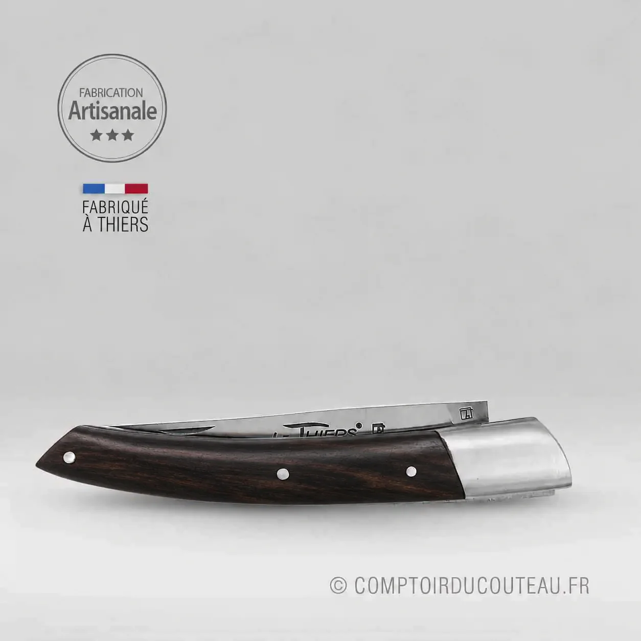 Couteau Le Thiers BJB ébène 12 cm fermé, vue du manche et de la mitre mate
