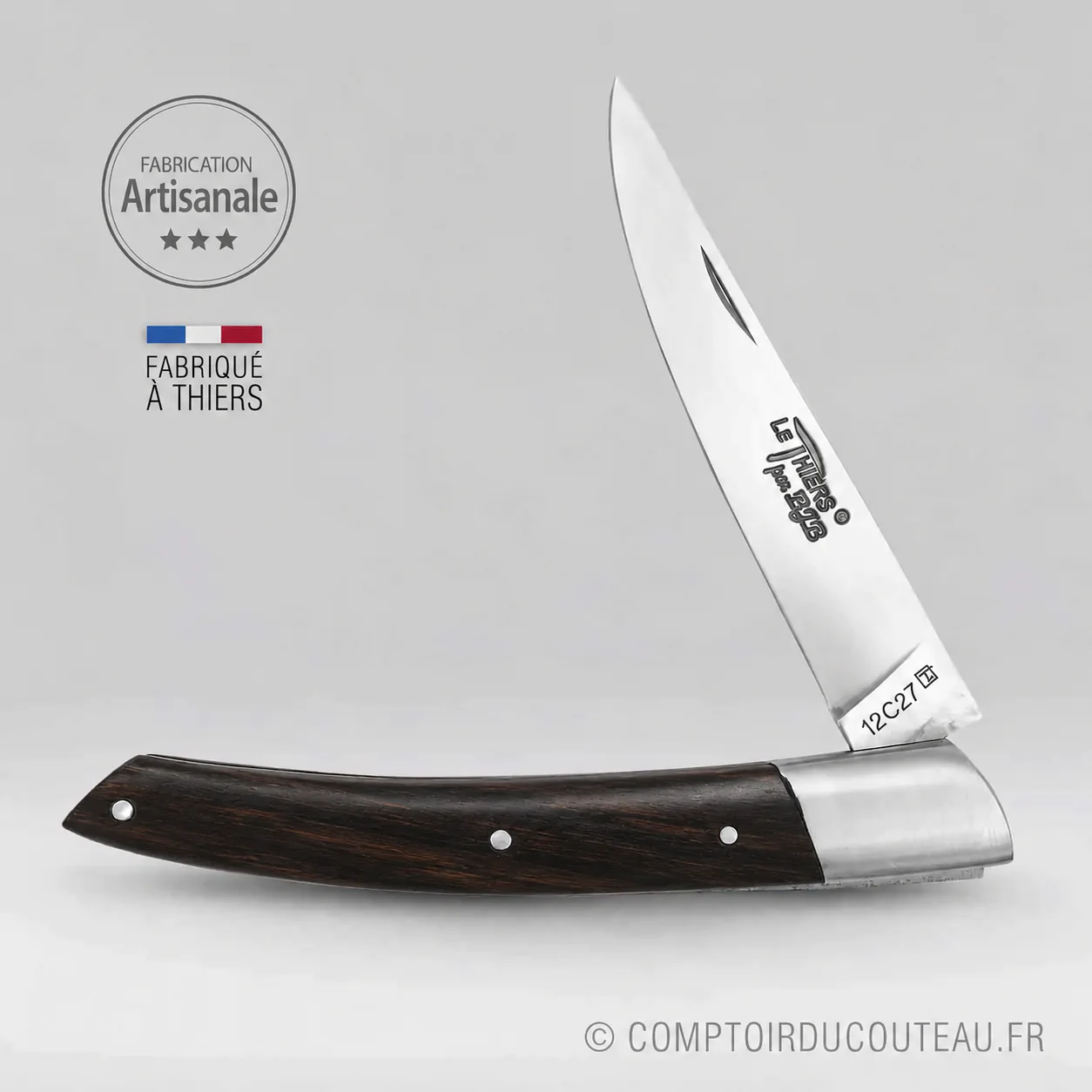 Couteau Le Thiers BJB à manche en ébène de 12 cm, lame mate entrouverte
