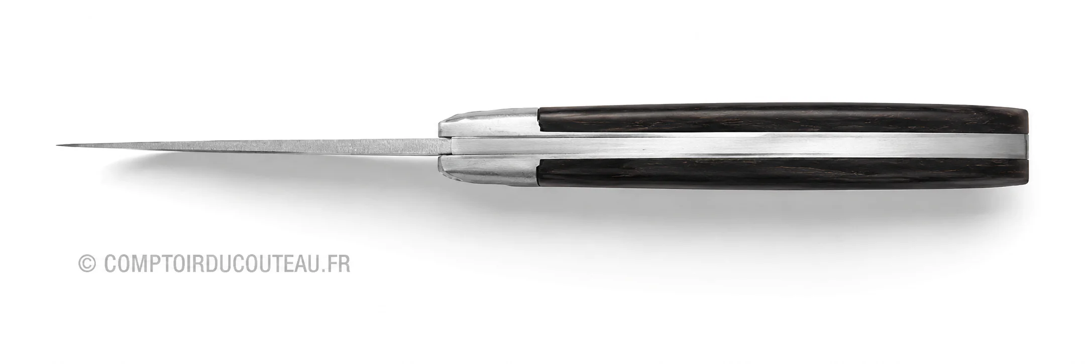 Couteau Le Thiers BJB ébène 12 cm ouvert, vue de dessus du manche et du dos de la lame