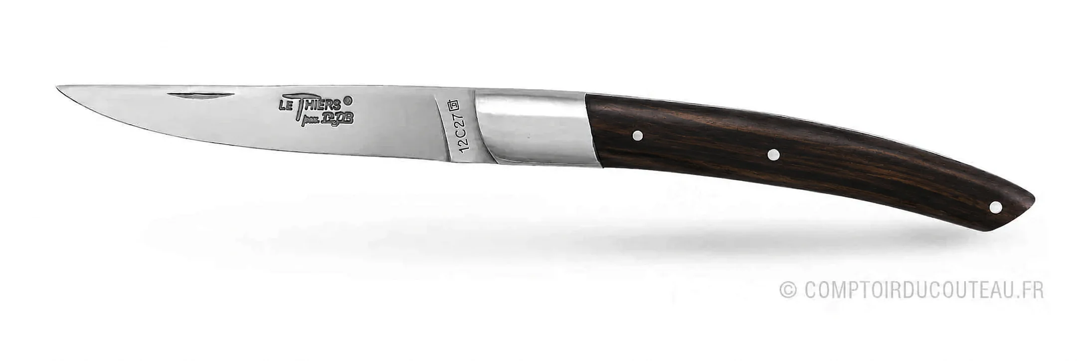 Couteau Le Thiers BJB ébène 12 cm ouvert, lame 12C27 mate vue de profil